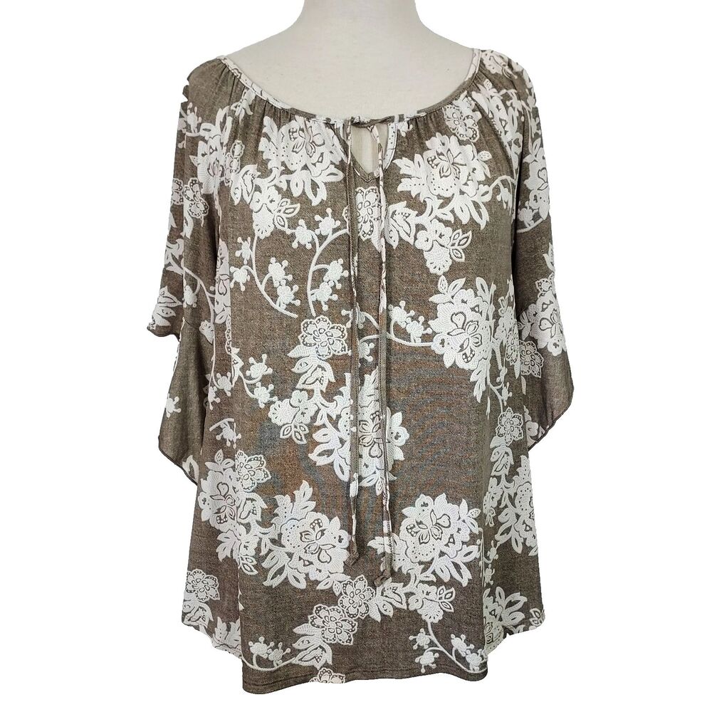 Espresso Bell Sleeve Shirt Top Womens Size XL Stretch Retro Brown White Floral
